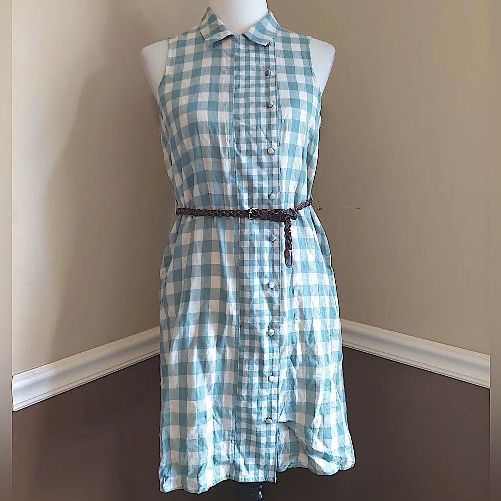 Gingham Shirt Dress Beige & Green Sleeveless Belted Mod Cottagecore Country